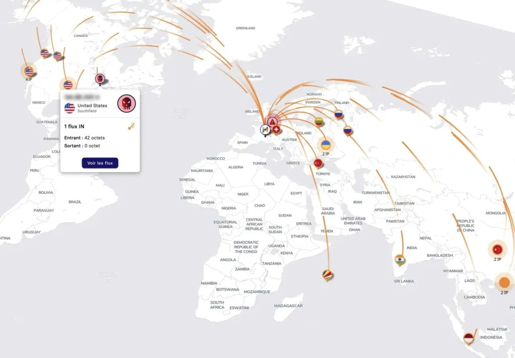 Cybercarte SERENICITY CONTROL : origine mondiale des flux toxiques détectés sur un réseau d'entreprise